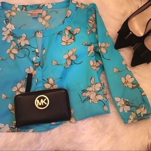 LOFT aqua shirt with Japanese flower design